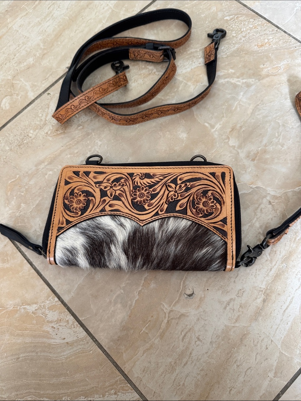 Tooled Leather & Cowhide Crossbody Bag in Tan and Brown